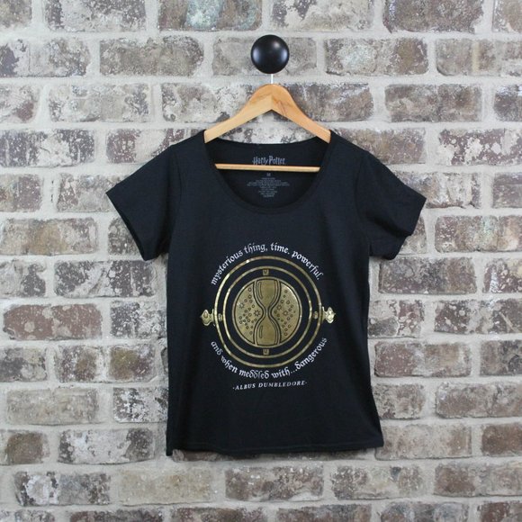 Harry Potter Black & Gold Foil Time Turner Scoop Neck Shortsleeve Top Womens M - Picture 1 of 3